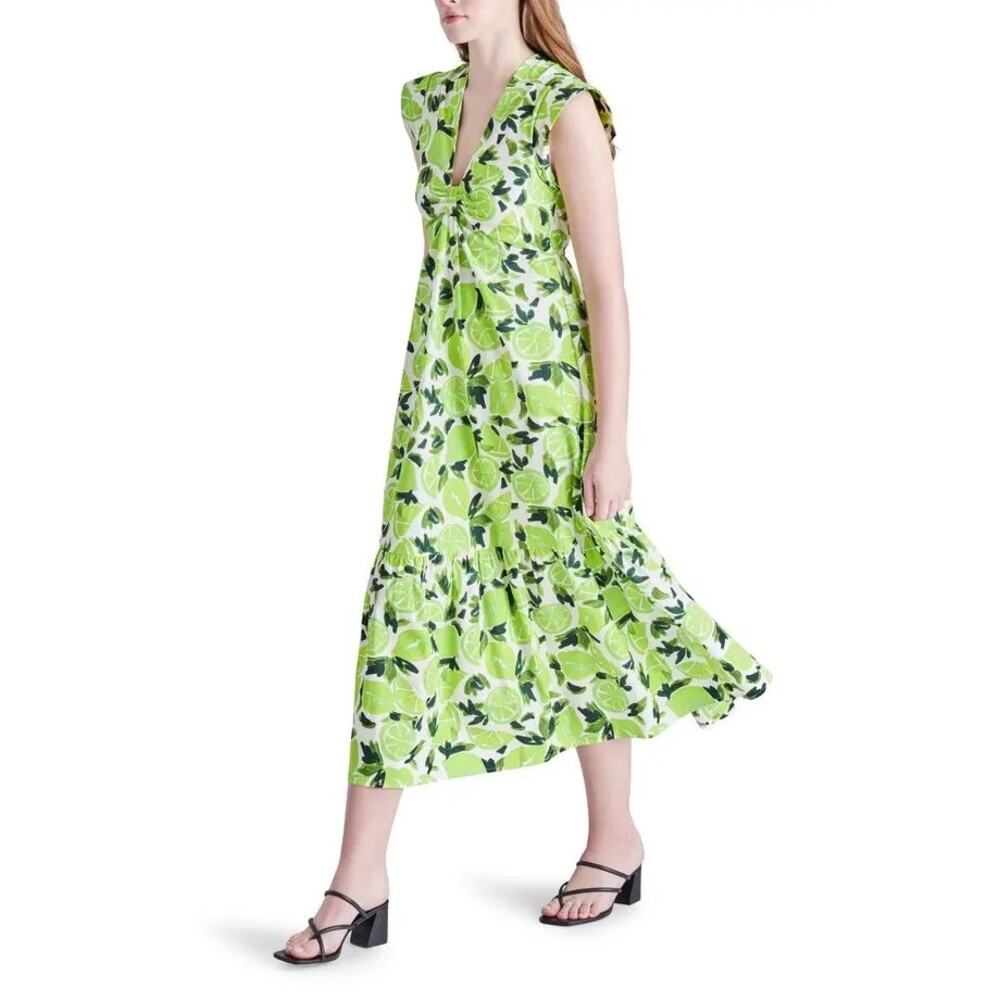 Steve Madden Blk&Grn Lime Cap Sleeve VNeck Ruffled Midi Dress sz M
